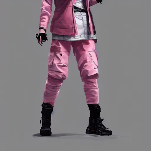 Image similar to Korean cyberpunk female wearing pink techwear jacket and military cargo pants, trending on artstation by Ruan Jia and Mandy Jurgens and Artgerm and william-adolphe bouguereau