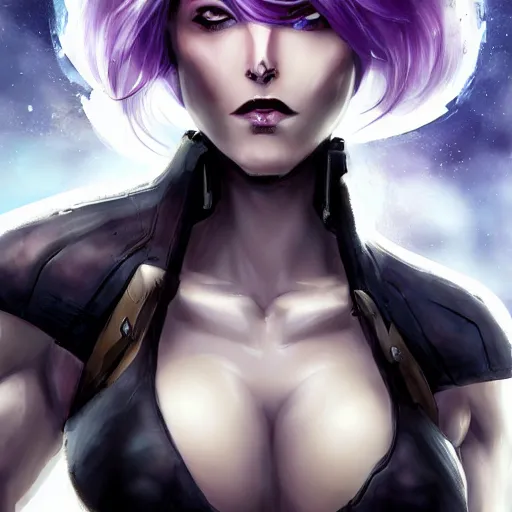 Image similar to extreme close up portrait, pale woman with flowing purple hair in rusty sci - fi power armor, high detail, eyepatch, stoic, elegant, muscles, powerful, commanding, by stjepan sejic, sunstone, dc comic, marvel comic