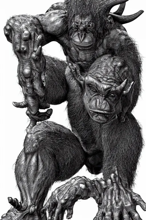 Image similar to humanoid hunched figure troll with 1 horn, ogre, ape, highly detailed, digital art, sharp focus, trending on art station, kentaro miura manga art style