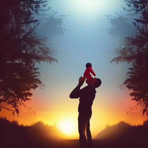 Prompt: Father holds child in the hand, on a road, forest, realistic, siluette