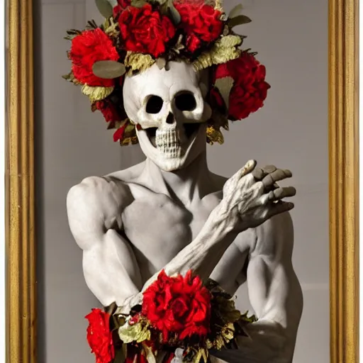 Image similar to a man in the form of a Greek sculpture with a mask in the form of a skull and wreath of flowers skulls in hands dressed in a biomechanical dress, red white and gold color scheme, baroque, by Michelangelo, high detail