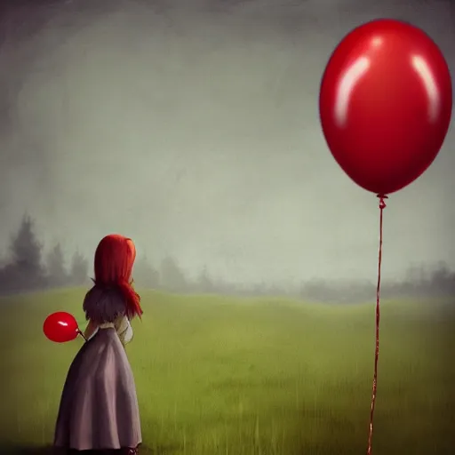 Image similar to grunge cartoon landscape sketch of bilie eilish with a wide smile and a red balloon by - michal karcz, loony toons style, pennywise style, horror theme, detailed, elegant, intricate