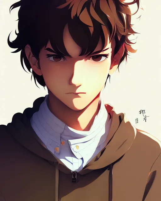 Image similar to teen boy with short messy brown hair, hacker kid, portrait shinkai makoto studio ghibli studio key hideaki anno sakimichan stanley artgerm lau rossdraws james jean marc simonetti elegant highly detailed digital painting artstation pixiv