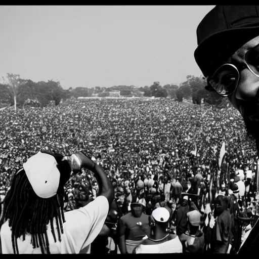 Image similar to vintage photograph of Snoop Dogg speaking at the Million Man March, Sigma 40mm, portrait, black and white