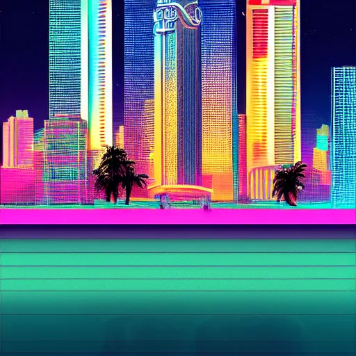 Image similar to vaporwave city, Miami at night. Digital painting. Beeple. Banksy