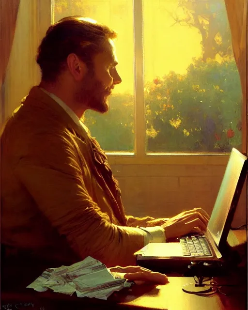 Prompt: attractive 4 5 year old man typing away at his desktop computer, watching the screen gleefully, golden hour painting by gaston bussiere, craig mullins, j. c. leyendecker