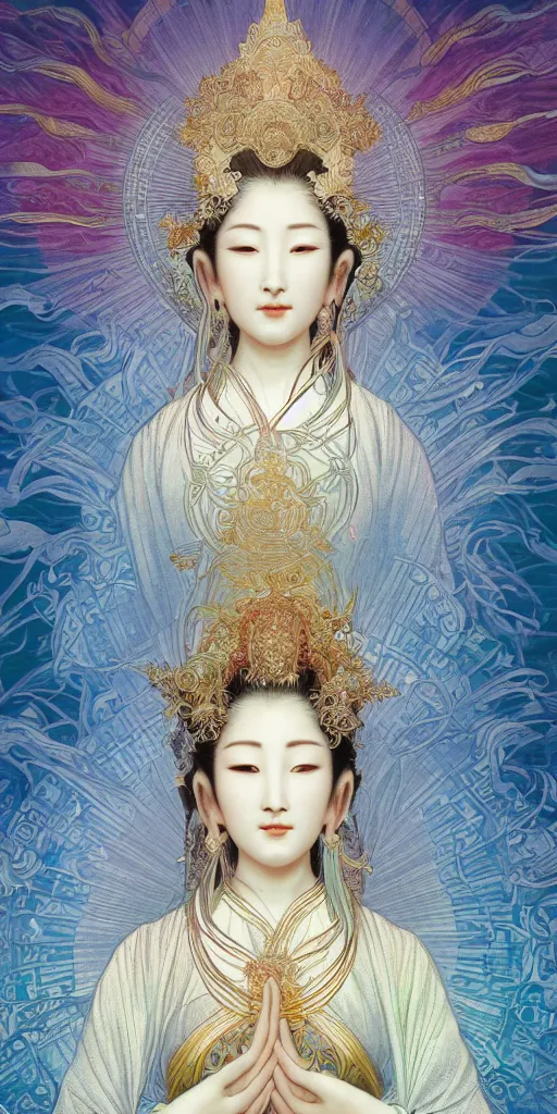 Prompt: beautiful asian face, quan yin goddess of tranquility, hyper detailed, character concept, full body, dynamic pose, intricate, lineart, cerpuscular rays, by yoshitaka amano, alfons mucha, 4k, artstation