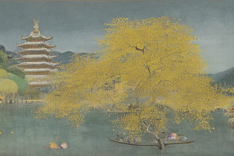 Image similar to an ultradetailed landscape painting of scenic westlake in china hangzhou, light yellow may flowers blossoms nearby, pagodas faraway, autumn wind, chinese water color, smooth, by hilma af klint