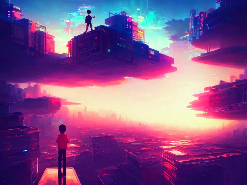 Image similar to a painting of a boy on top of a building watching a colorful sunrise futuristic city surrounded by clouds, cyberpunk art by yoshitaka amano and alena aenami, cg society contest winner, retrofuturism, matte painting, apocalypse landscape, cityscape