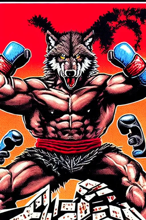 Image similar to extreme long shot. 8 bit nes graphics. antropomorphic muscular masculine wolf. kickboxer fighter, in shorts. wolf head. fine details, very sharp, art from nes game cartridge, 8 0's, vhs artefacts, vaporwave style, marc simonetti and hermann nitsch. kung fury movie