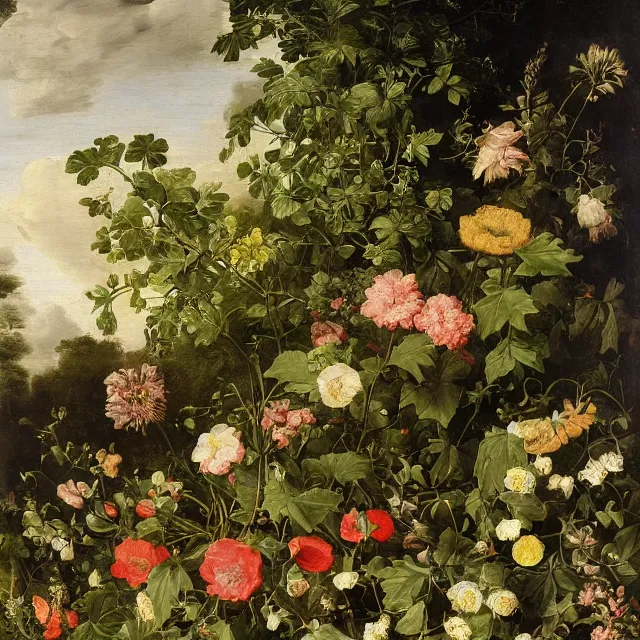 Image similar to flowers and ivy in a garden at night, a flemish baroque painting by jan van kessel the younger, black background, intricate high detail masterpiece