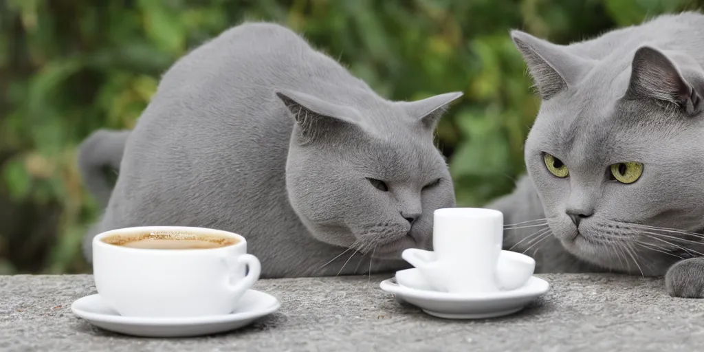 Prompt: britishshorthair cat drinking coffee