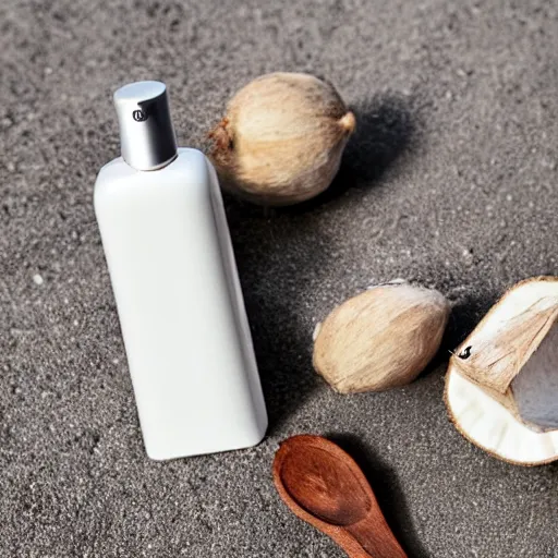 Prompt: centered white perfume bottle next to halved - coconuts, with white crisp zen soft - sandy - beach background, illumination lighting, sharp focus, vogue, hartper's bazaar