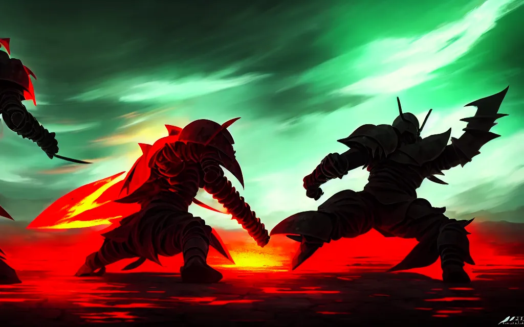 Image similar to a climactic anime battle scene between dark demons and a powerful jade green armoured hero on a desolate crimson plain, trending on artstation, digital art, 4 k resolution, detailed, high quality, sharp focus, hq artwork, insane detail, concept art, cinematic, volumetric lighting, dramatic lighting, epic light, cinematic aesthetic