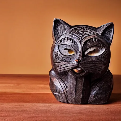 Prompt: a intricate cat carved from wood, photograph, studio lighting