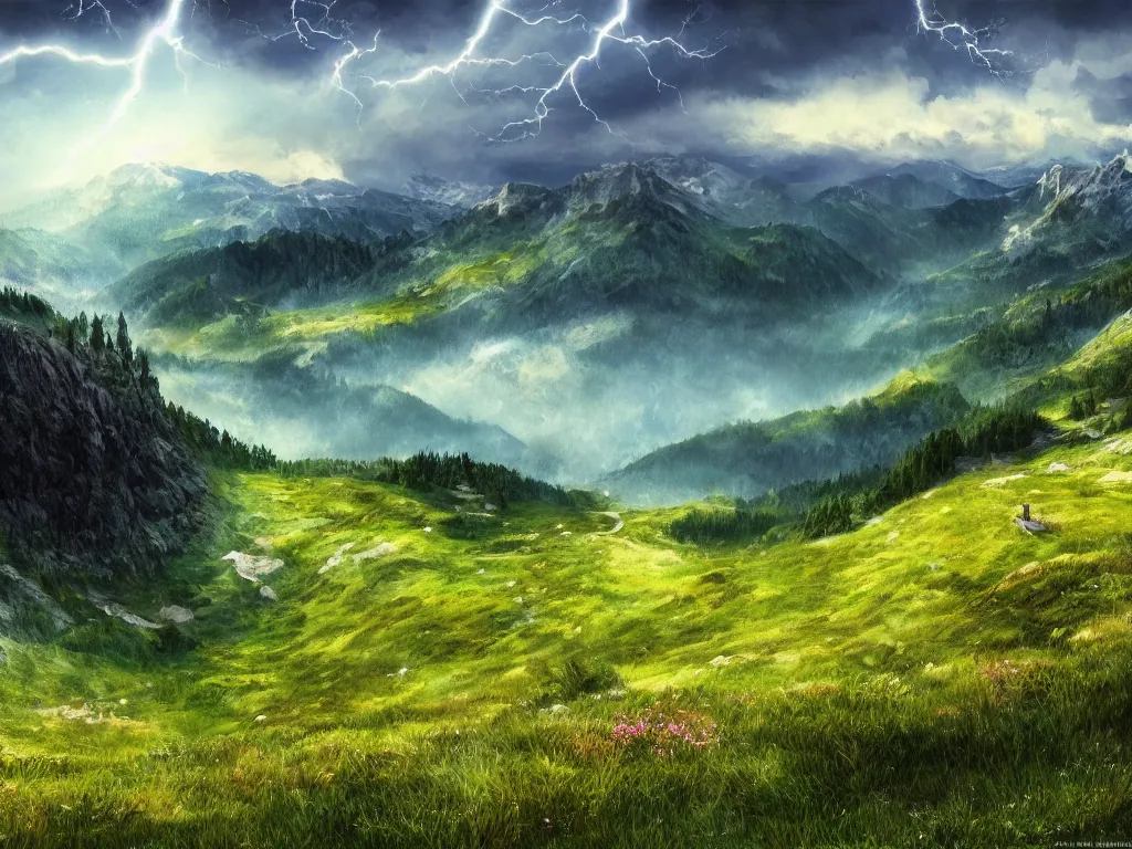 Image similar to realistic view from a mountaintop, high mountains, green meadow, alps, pyranees, digital painting, 4 k, wallpaper, realistic lightning