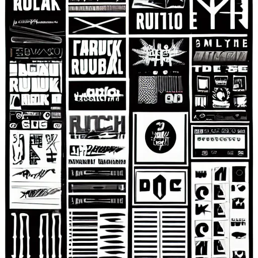 Prompt: black on white graphic design sticker sheet in style of david rudnick, eric hu, guccimaze, acid, y 2 k, 4 k sharpening,