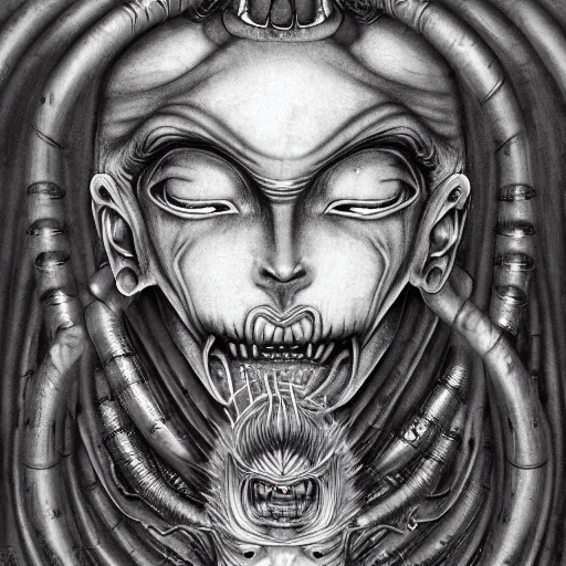 Prompt: naraka buddhist demon korean female, happy female alien, tubular creature, blood vessels, no face, dystopian surrealism, alex ries zdzisław beksinski, giger, symmetrical long head, smooth marble surfaces, smooth marble surfaces, detailed ink illustration, detailed ink illustration, raiden metal gear, cinematic smooth stone, deep aesthetic, concept art, intricate