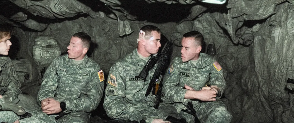 Image similar to a high quality color creepy atmospheric dimly lit extreme closeup film 3 5 mm depth of field photograph of 2 us soldiers bored having casual conversation inside a top secret military bunker in antarctica in 1 9 8 2