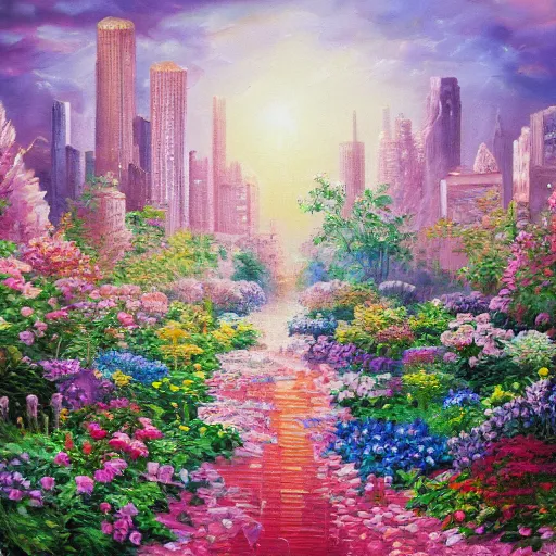 Prompt: A shimmering city made of translucent rose quartz shimmering in the sunlight, gardens with lots of flowers. Beautiful oil painting