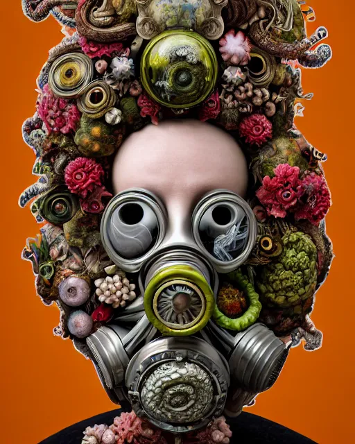 Prompt: a maximalist biomorphic portrait with with large eyes, expressive, wearing a botanical gas mask by arcimboldo, baroque painting by ayami kojima, mark ryden, cephalopod, mixed media 3 d collage, focus on head, soft light, 4 k, octane high quality render