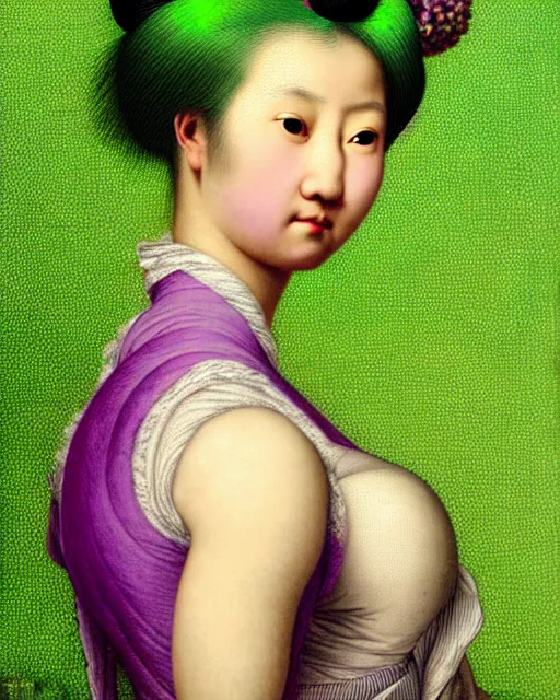 Prompt: photo-realistic portrait of an asian woman with purple hair buns, wearing a neon green dress by Vivienne Westwood, intricate details, masterpiece, in the style of Jean Auguste Dominique Ingres, black background