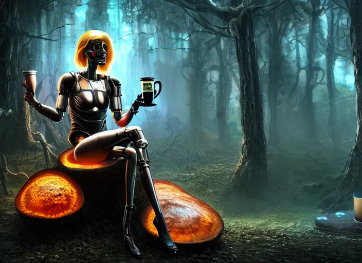 Image similar to photo of an intricate and sophisticated terminator woman with borg enhancements sitting on a giant mushroom in a weird magical forest and drinking a cup of tea. Very detailed 8k. Fantasy cyberpunk horror