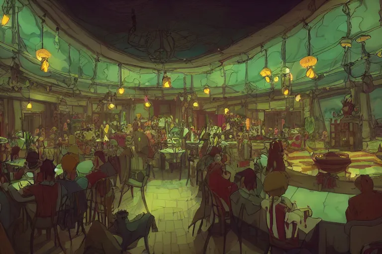 Image similar to interior wide angle shot of a fantasy cabaret in the style of studio ghibli, makoto shinkai