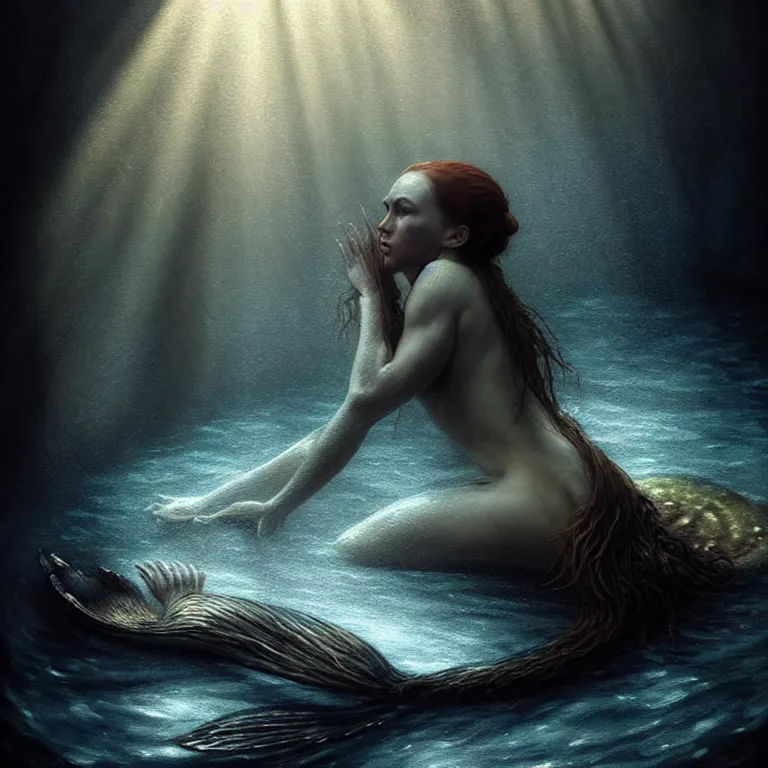 Image similar to epic professional digital art of a starving mermaid, atmospheric lighting, beautiful light and shadow, painted, complex, detailed, detailed, foreboding, mysterious, leesha hannigan, wayne haag, reina rocin, ignacio fernandez rios, mark ryden, iris van herpen, epic, stunning, magnificent, very wow, cinematic, masterpiece.