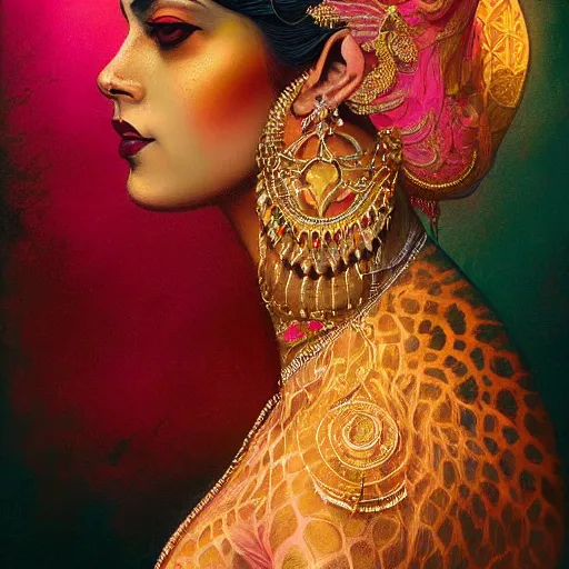 Prompt: side portrait of a beautiful Desi queen of tigers, pink and gold, by Anato Finnstark, Tom Bagshaw, Brom