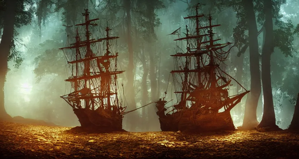 Image similar to a pirate ship in the middle of a forest, atmospheric lighting, realistic