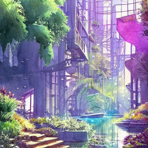 Image similar to Beautiful happy picturesque charming sci-fi city in harmony with nature. Beautiful light. Water and plants. Nice colour scheme, soft warm colour. Beautiful detailed watercolor by Lurid. (2022)