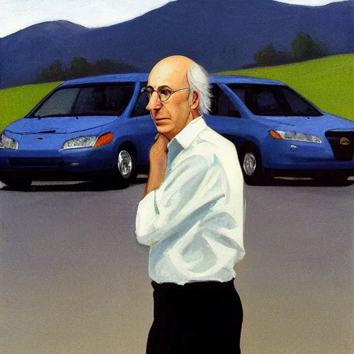 Prompt: larry david standing on roof of 2009 prius, edward hopper painting