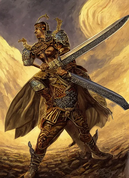 Prompt: strong gladiator holding legendary sword, fantasy, man, gilded shiny armour, intricate, highly detailed, digital painting, artstation, concept art, wallpaper, smooth, sharp focus, illustration, illumination, raytracting, art by larry elmore, jeff easley, clyde waldwell, keith parkinson, daniel r horne