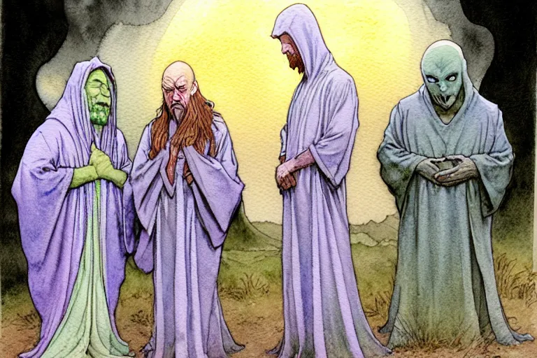 Image similar to a realistic and atmospheric watercolour fantasy character concept art portrait of a three christians wearing robes standing in front of a small fat chibi grey alien. they are emerging from the mist on the moors of ireland at night. a ufo is in the sky. by rebecca guay, michael kaluta, charles vess and jean moebius giraud