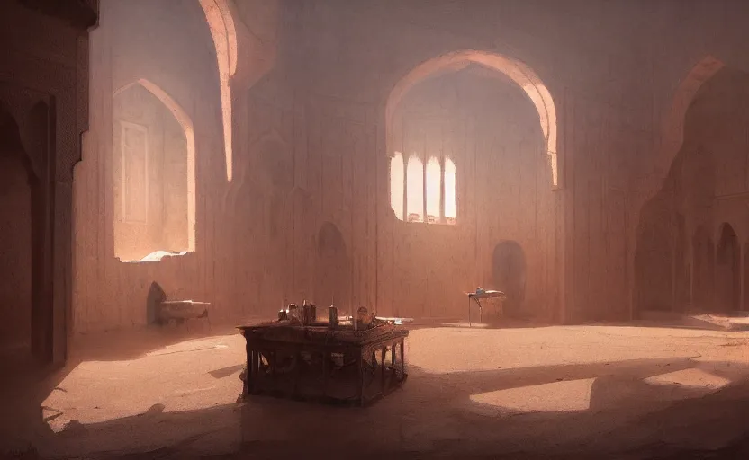 Image similar to Interior shot painting of an interior Moroccan Castle in the middle of desert with dunes by Greg Rutkowski and Craig Mullins, Dark atmospheric sad and cinematic lighting, Trending on artstation