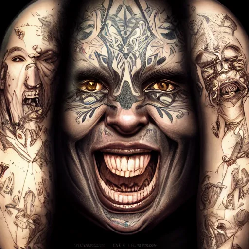 Image similar to tatted man laugh hard. matte, symmetrical anatomy, hyperdetailed, digital art, baroque, pop punk art style, fantasy, full body pictures, without duplication, art by artgerm and ilya kuvshinov and vinicius gud and gustavo zambelli, intricate, octane render.