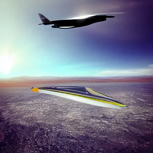 Image similar to “realistic photo, solar car hovering off a futuristic landscape”