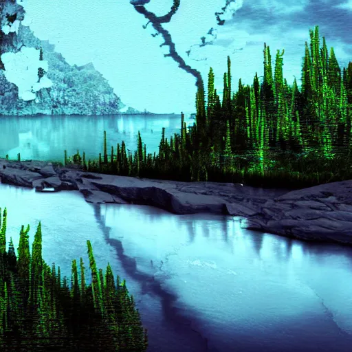 Image similar to a beautiful landscape, river, rocks, trees, glitch, glitchy, vhs, corrupted