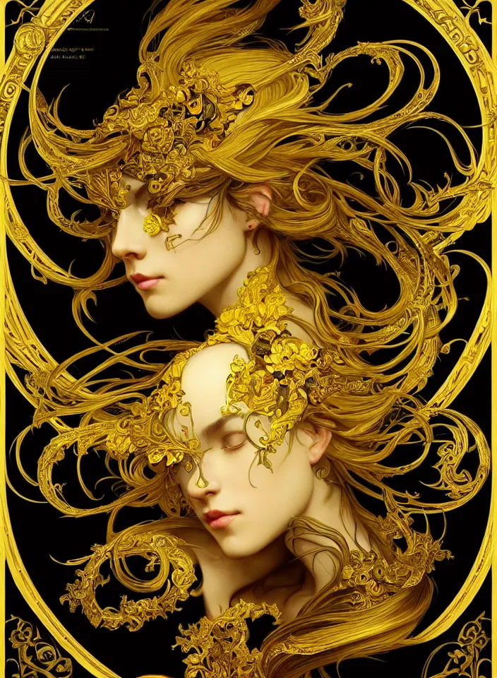 Image similar to beautiful black yellow, complicated gold the baroque style decoration, dark fantasy, intricate, elegant, highly detailed, digital painting, artstation, concept art, matte, 3 d 8 k octane rendered, sharp focus, illustration, octane rendered, art by artgerm and alphonse mucha, leesha hannigan, ross tran