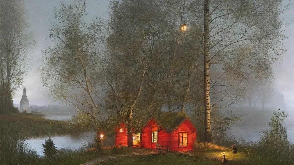 Image similar to small red wooden cottage by the lake, lanterns in the front of the cottage, smoke coming out of the chimney, dusk, birch trees, tranquility, two swans swimming in the lake, a rowing boat, by Greg Rutkowski, by Charlie Bowater