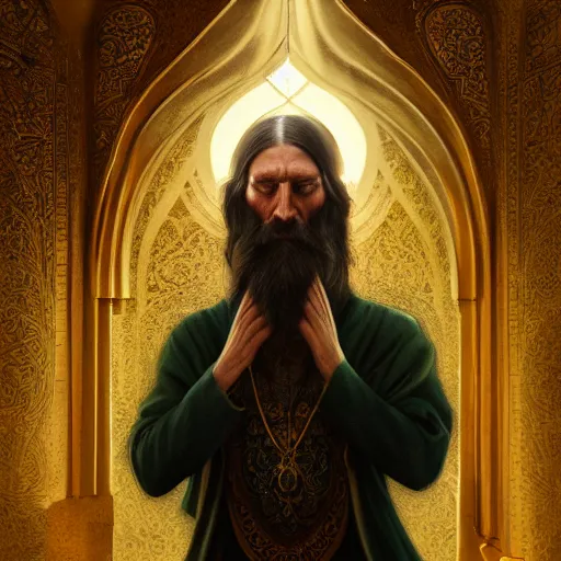 Image similar to grigori rasputin praying in the mosque, wlop, james jean, tom bagshaw, rococo, trending on artstation, fantasy, intricate, elegant, highly detailed, digital painting, concept art, smooth, illustration, cinematic lighting, hyper realism, octane render, 8 k, hyper detailed.