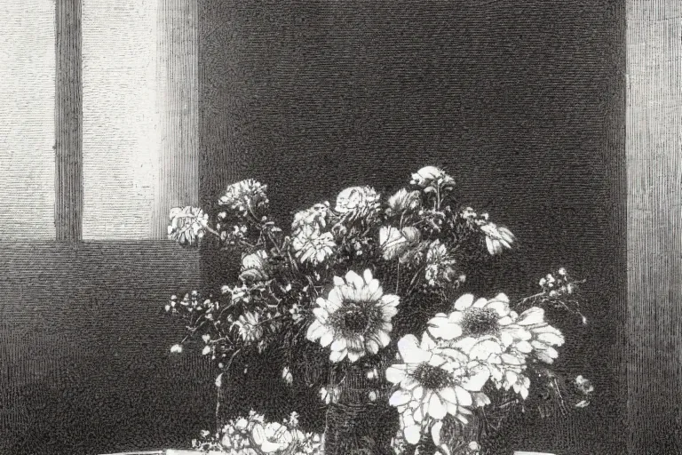 Image similar to black and white, flower bouquet at table in the dinner room, soft light, Gustave Dore lithography