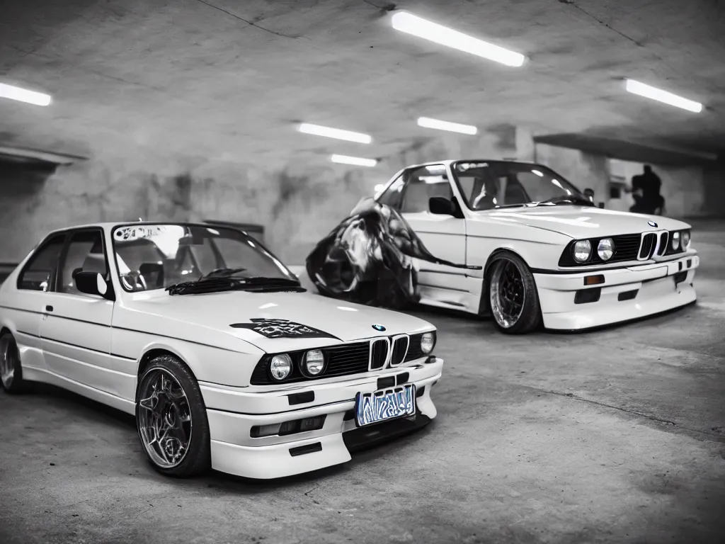 Image similar to a modified bmw e 3 0 with lights on in a futuristic neon parking garage, 3 5 mm photography, car photography, clean lines, realistic