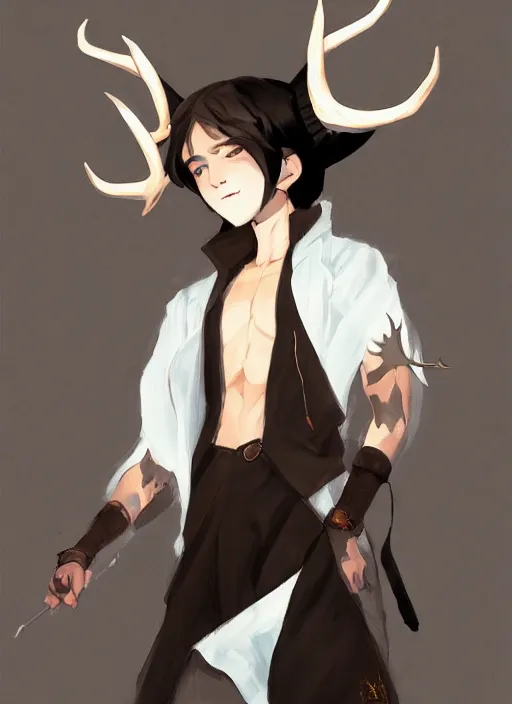 Image similar to concept art painting of an androgynous person with brown skin and short white hair, demon horns, deer ears, full clothing, black clothes, blue robes, detailed, cel shaded, in the style of ruan jia and artgerm and makoto shinkai and james gurney