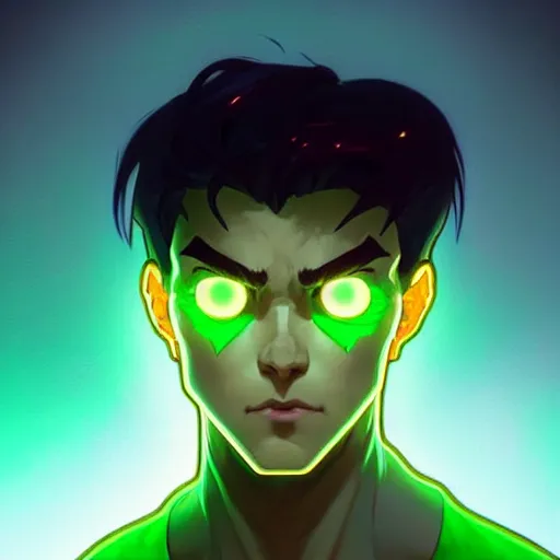 Image similar to a face portrait character design by artgerm, cushart krenz, greg rutkowski ross tran alphonse mucha. young danny phantom!! glowing green eyes!! bold outline sharp edges. ultra clear detailed. 8 k. elegant, neon colors, symmetry, intricate complexity, epic composition, magical atmosphere, cinematic lighting masterpiece trending on artstation 8 k octane.