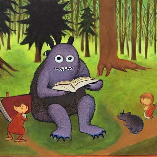 Image similar to monster reading a book in a forest, where the wild things are, bicycle nearby, oil on canvas, calm, maurice sendak