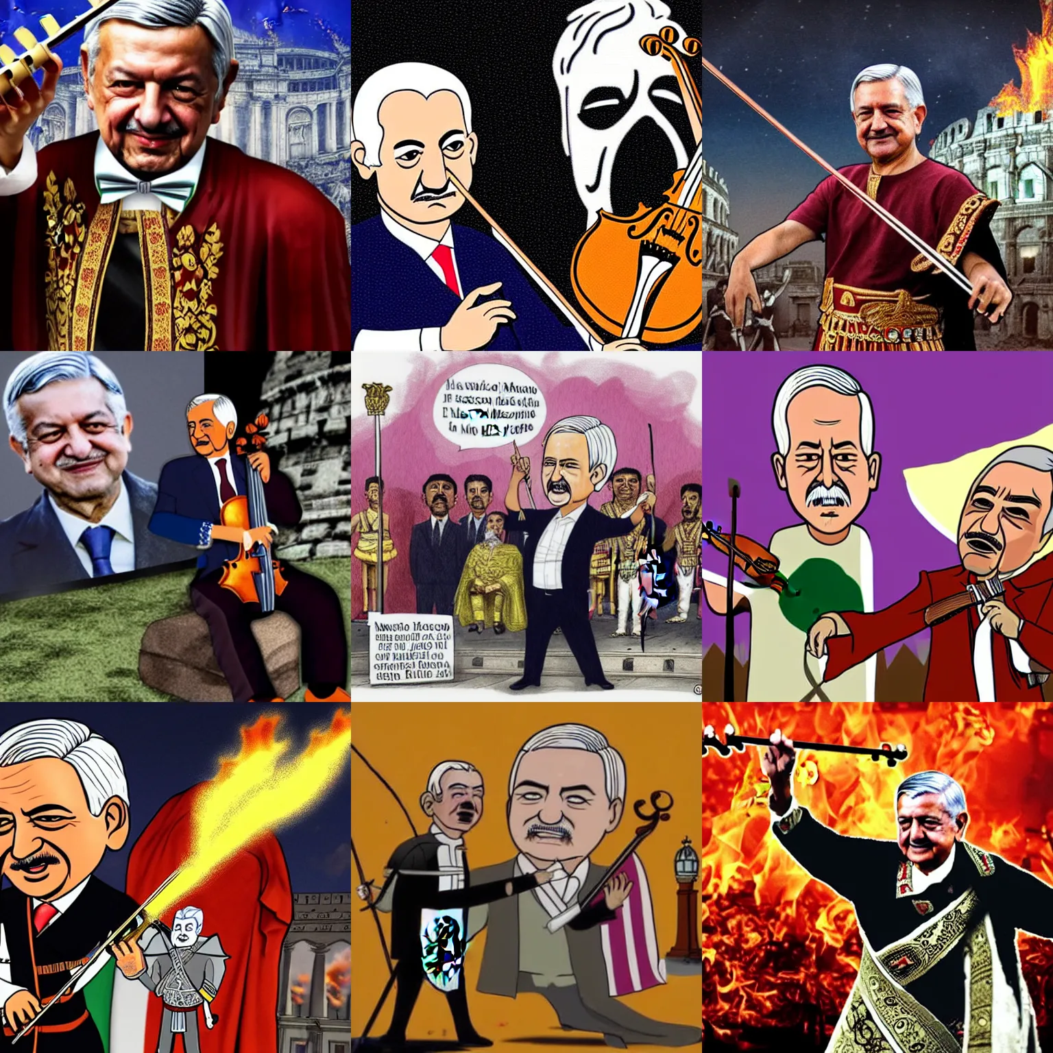 Prompt: a cartoon andres manuel lopez obrador dressed as a roman emperor, playing the violin as mexico burns in the background