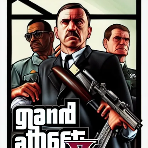 Image similar to Grand theft auto 5 cover art of hitler