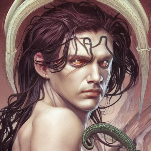 Image similar to male medusa, highly detailed, digital painting, bloody eyes, snakes, white skin, artstation, concept art, smooth, sharp focus, illustration, art by artgerm and greg rutkowski and alphonse mucha